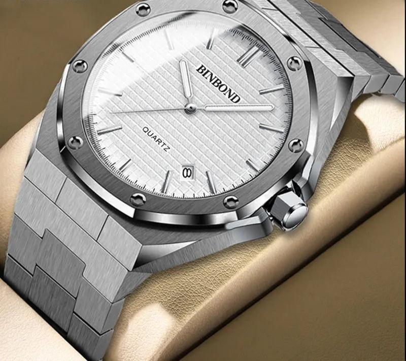 Men'S Quartz Watch Stainless Steel Calendar Waterproof Luxury Luminous Multifunctional Men Wristwatch