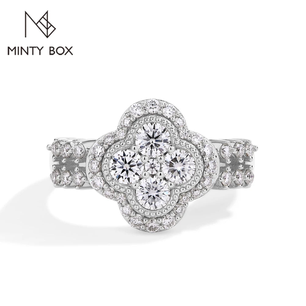 Four-Leaf Moissanite Engagement Ring – 925 Sterling Silver with 18K White Gold Plating | 0.87ct D/VVS1