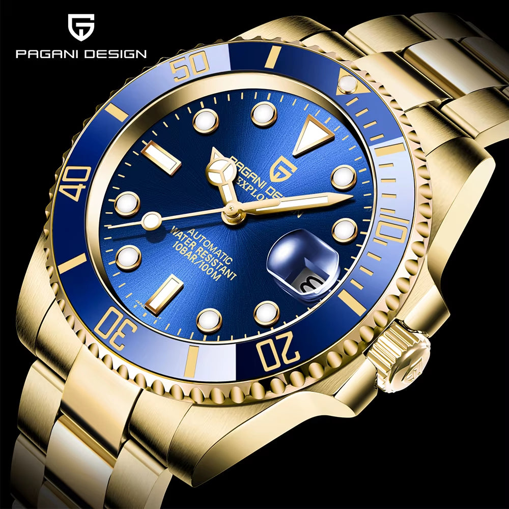 Men's Gold 40MM Automatic Luxury Sapphire Glass Mechanical Watch Stainless Steel Waterproof