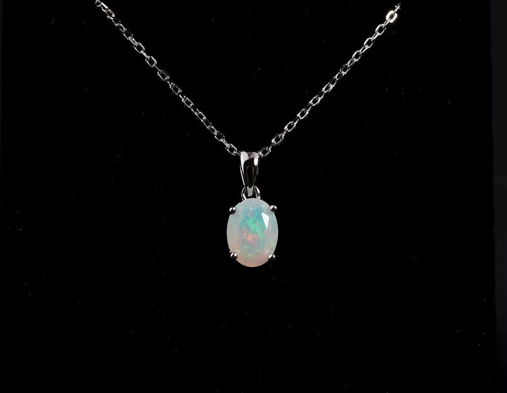 925 Sterling Silver Opal Pendant Necklace for Women – Natural Ethiopian Opal Fine Jewellery, Daily Wear