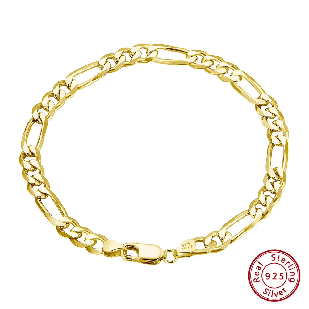 Italian 14K Gold-Plated 5mm Diamond-Cut Figaro Chain Bracelet | S925 Sterling Silver