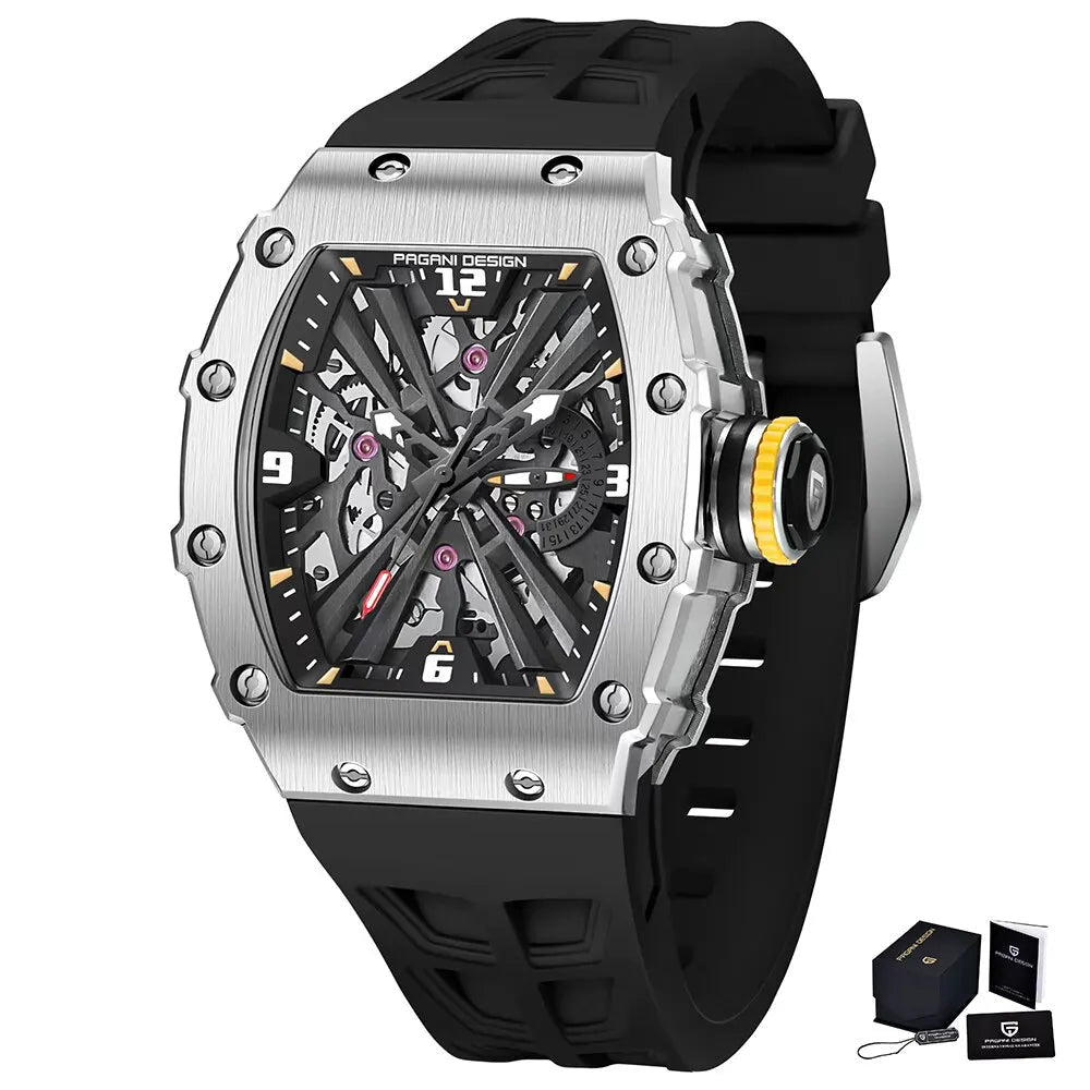 PAGANI DESIGN Men's Quartz Watches VH65 Movt Skeleton Dial 100M Waterproof Sport Rectangle Sapphire Glass