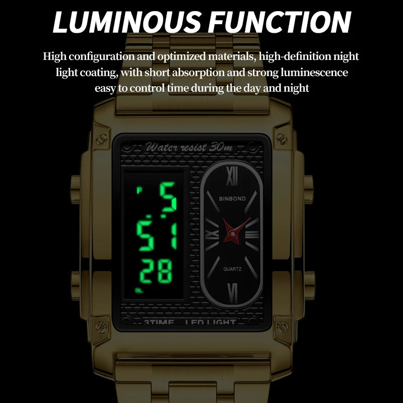 BINBOND Top Brand Luxury Watch for Men - Fashion Quartz Wristwatch Square Gold Stainless Steel Business Clock Relogio Masculino