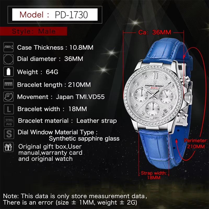 36MM Classic Women Quartz Watch Stainless Steel Sapphire Glass 100M Waterproof Chronograph Reloj Mujer