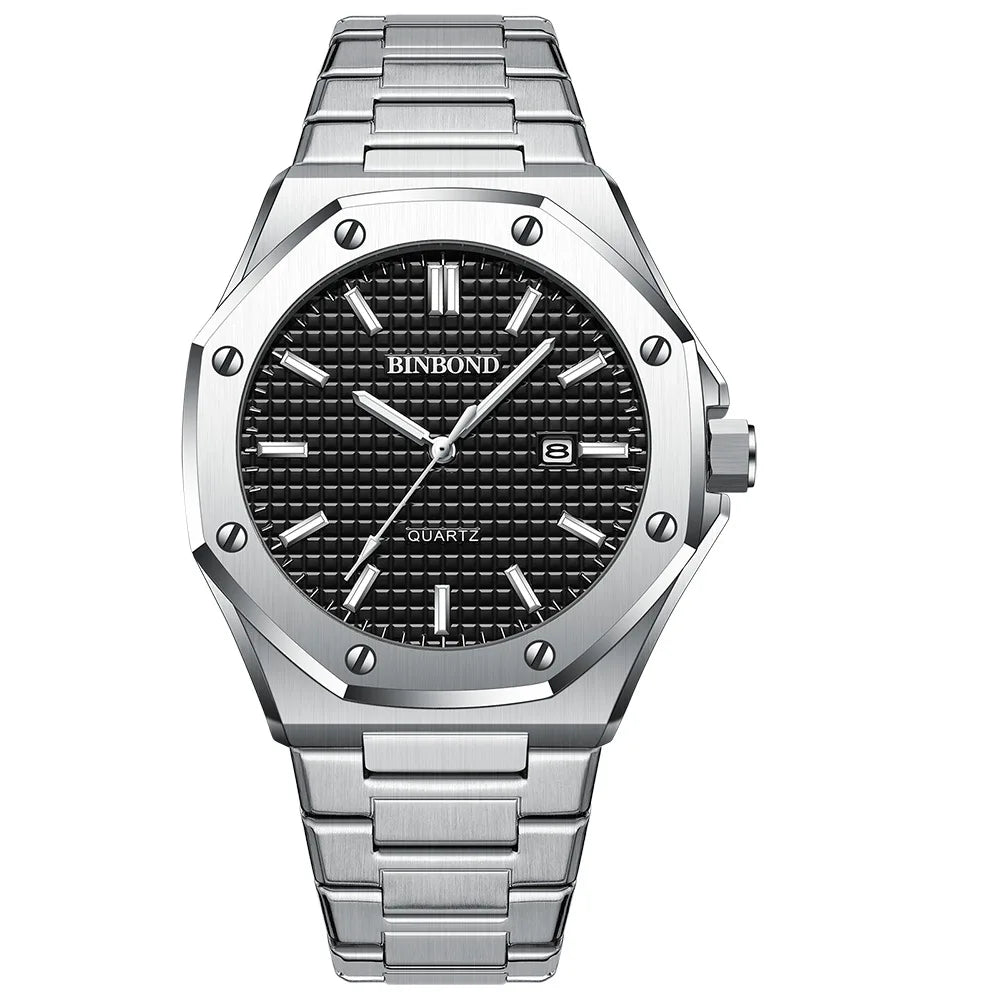 Men'S Quartz Watch Stainless Steel Calendar Waterproof Luxury Luminous Multifunctional Men Wristwatch