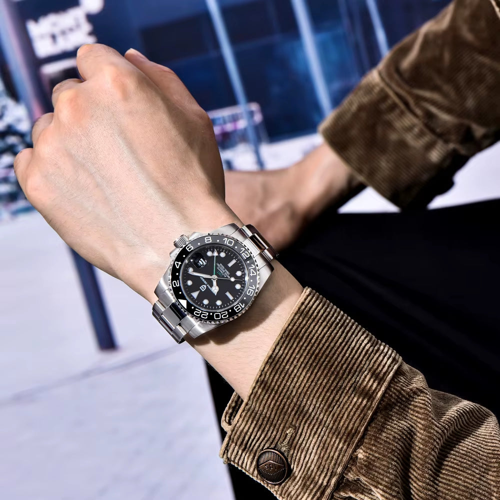 40MM GMT Mechanical Wristwatch Sapphire Glass Ceramic Bezel Automatic Watch Stainless Steel 100M Waterproof Watch