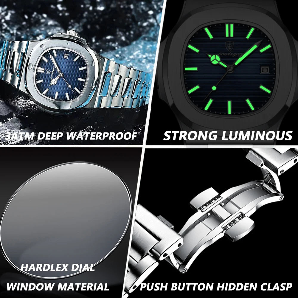 Waterproof Male Clock Luminous Date Stainless Steel Square Quartz Men Watch Reloj Hombre