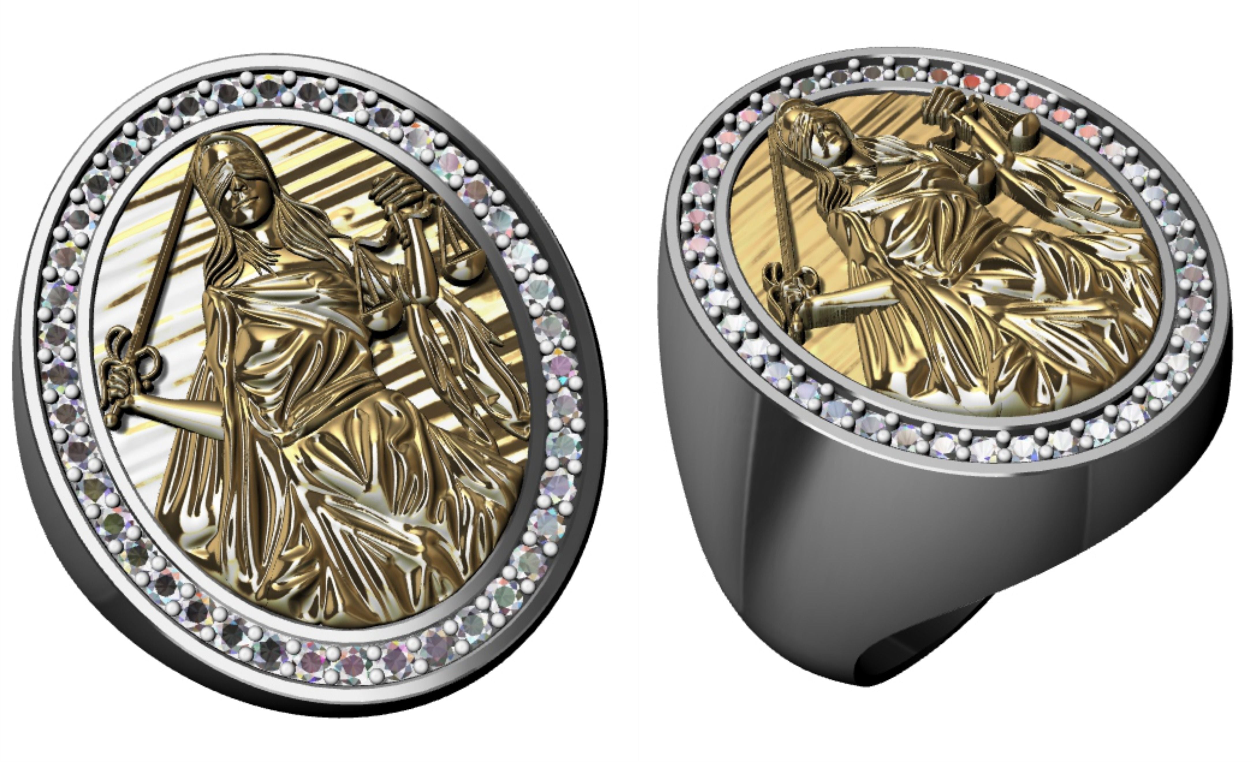 Gold Plated Lady of Justice Ring with Moissanite Gemstone