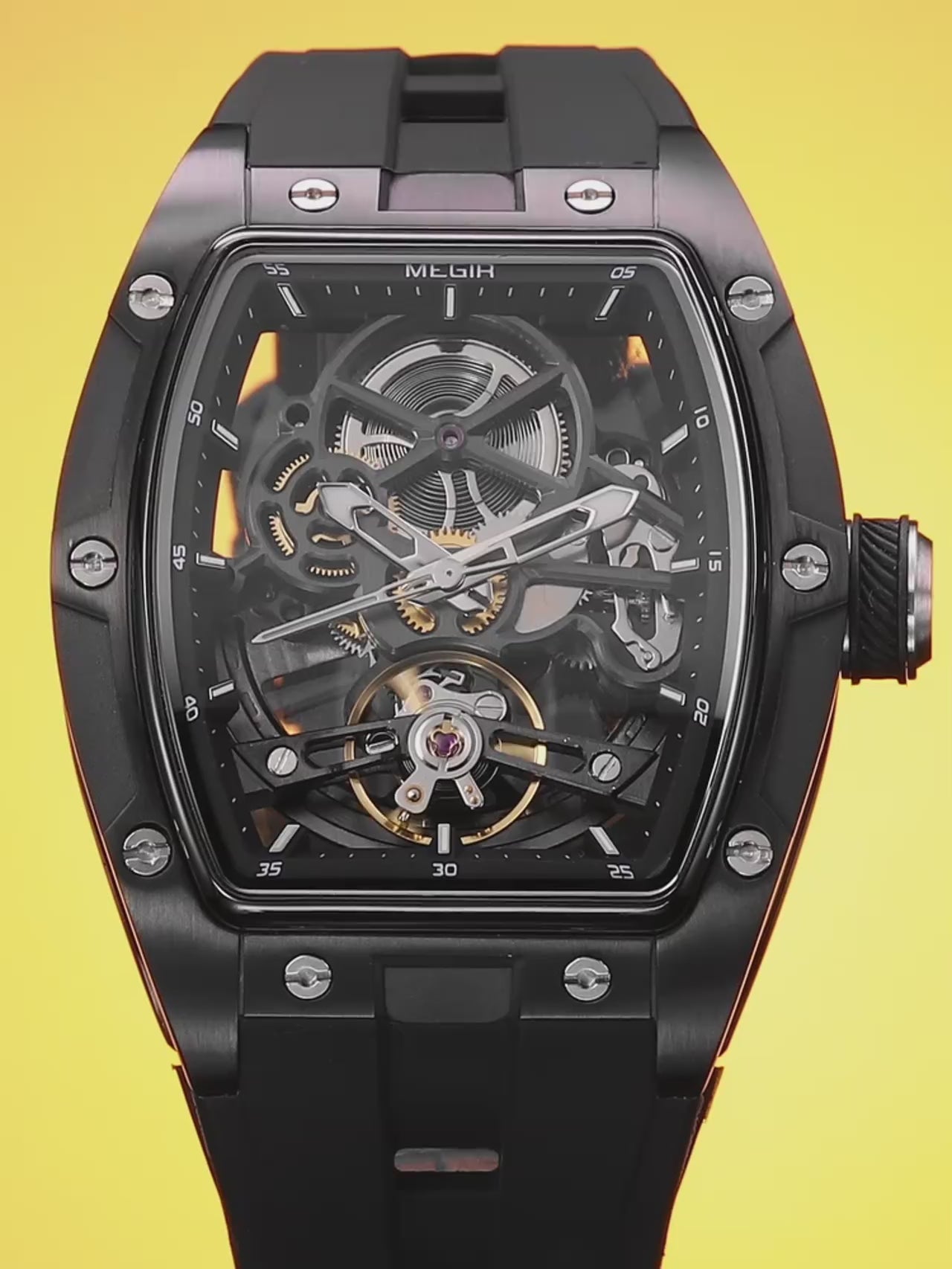 Mechanical Watch for Men Fashion Military Sport Analog Automatic Wristwatch with White Silicone Strap Tonneau Dial