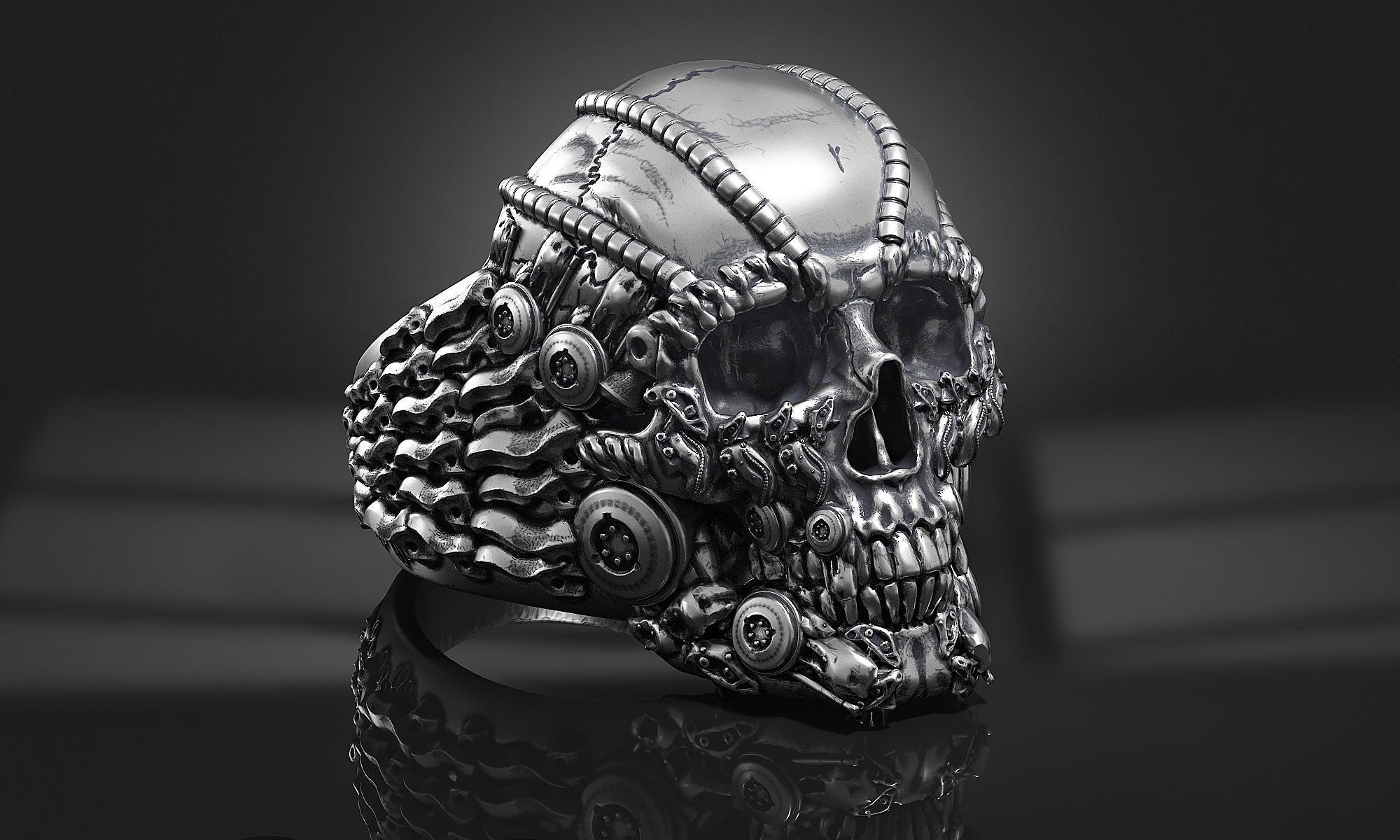 Dazzle Dime 925 Sterling Silver Base 18k Gold Plated Skull Biomechanical Ring The Evolution of Darkness DAZZLE DIME®