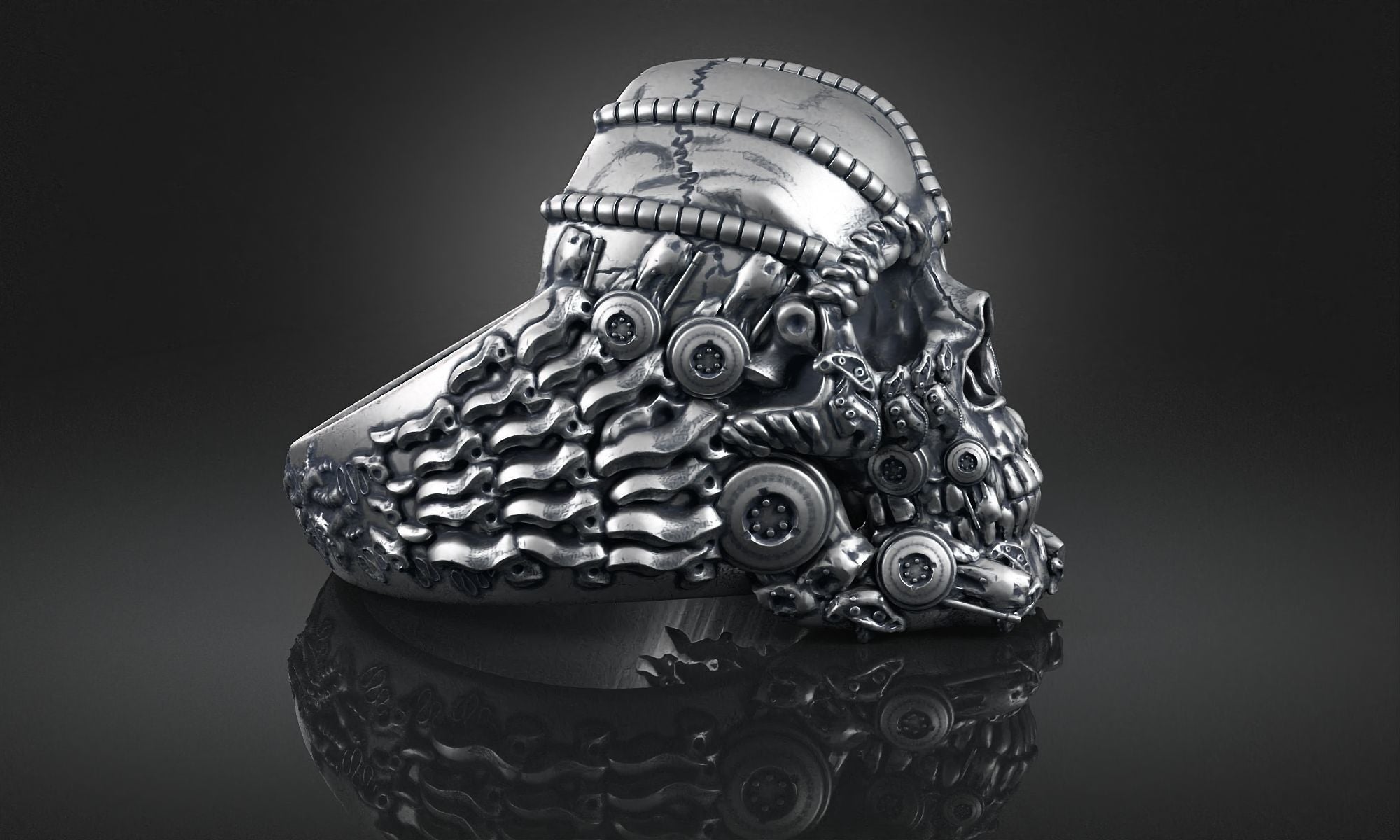 Dazzle Dime 925 Sterling Silver Base 18k Gold Plated Skull Biomechanical Ring The Evolution of Darkness DAZZLE DIME®