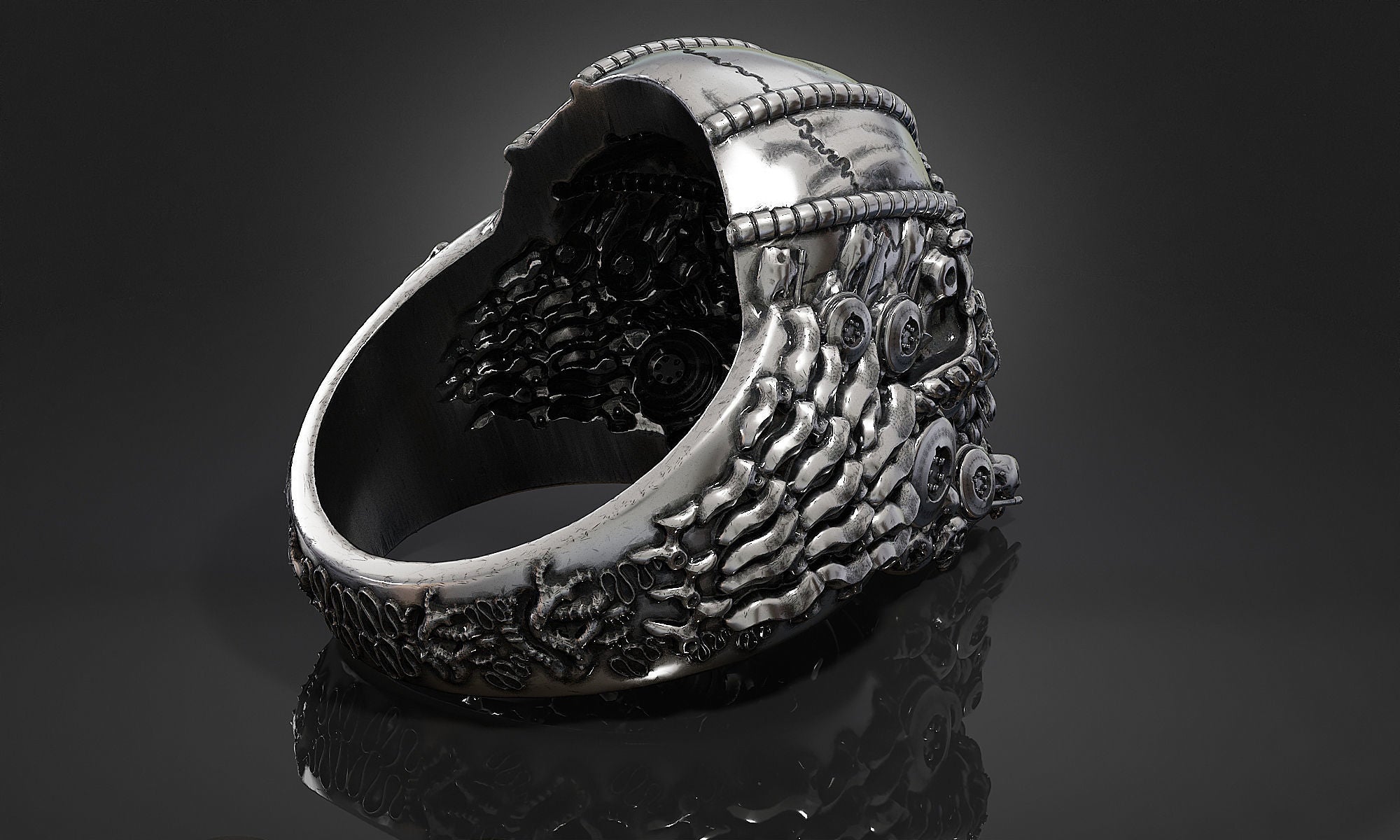 Dazzle Dime 925 Sterling Silver Base 18k Gold Plated Skull Biomechanical Ring The Evolution of Darkness DAZZLE DIME®