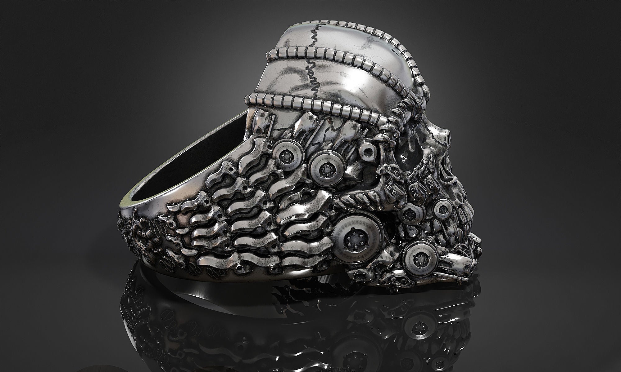 Dazzle Dime 925 Sterling Silver Base 18k Gold Plated Skull Biomechanical Ring The Evolution of Darkness DAZZLE DIME®