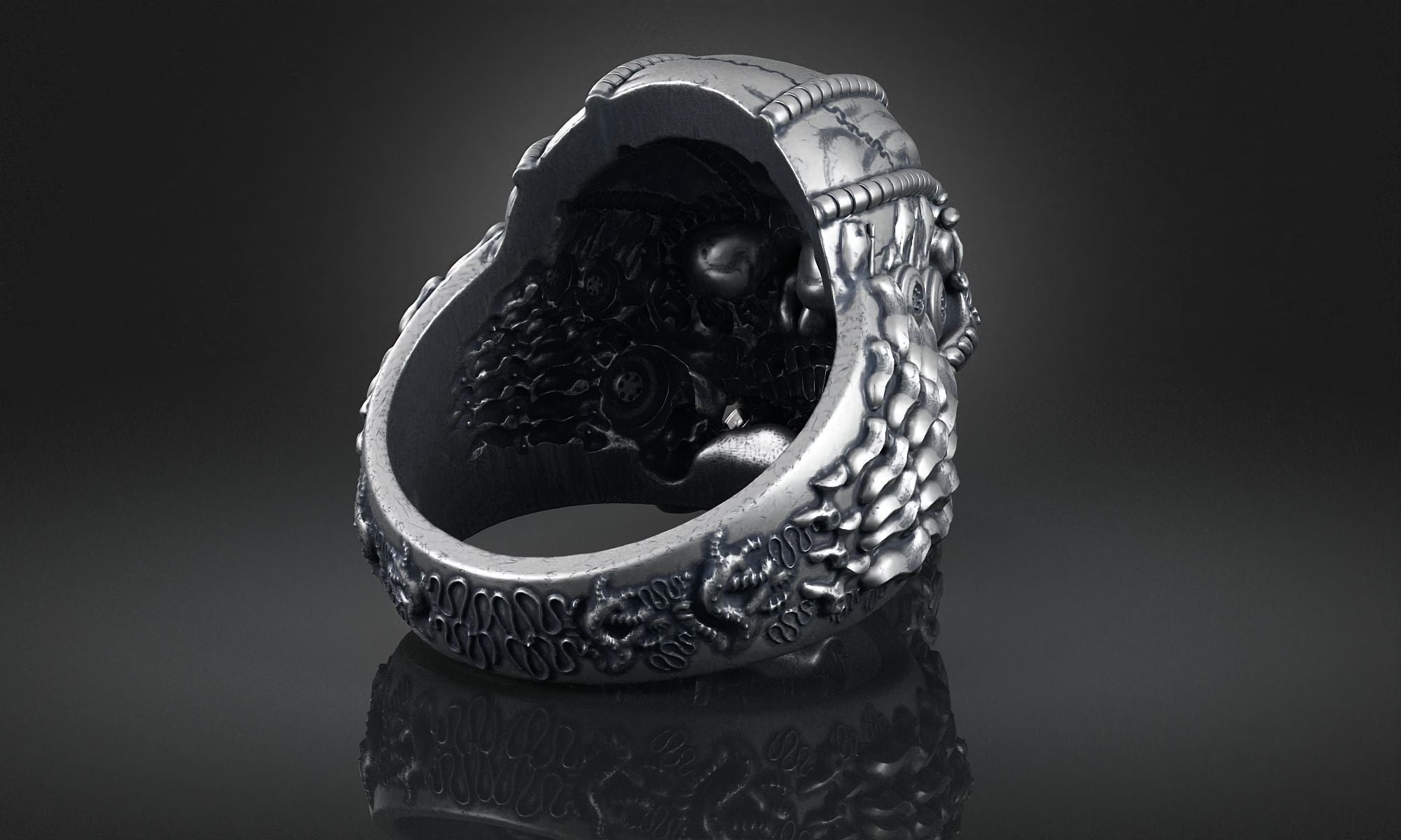 Dazzle Dime 925 Sterling Silver Base 18k Gold Plated Skull Biomechanical Ring The Evolution of Darkness DAZZLE DIME®