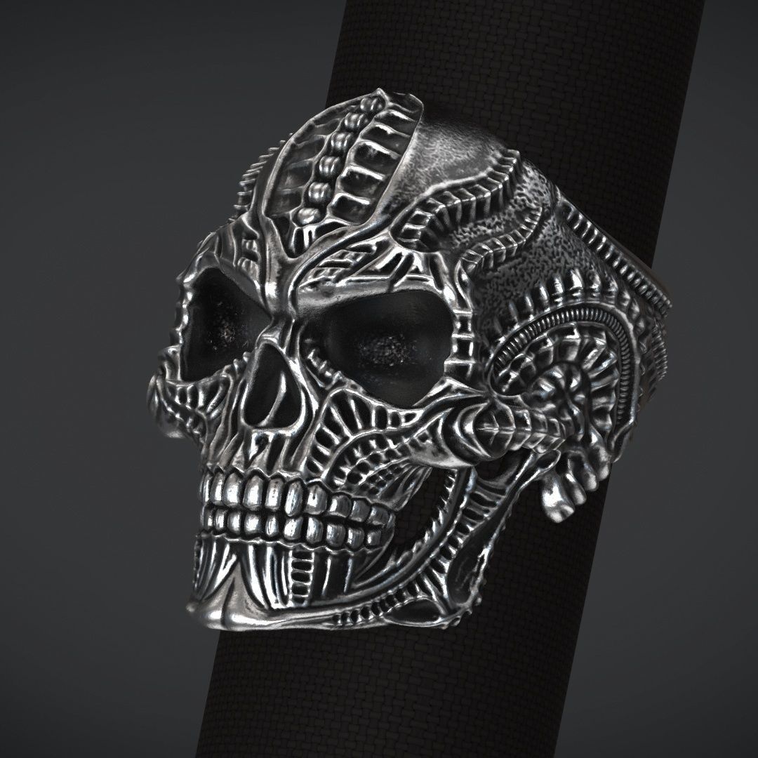 Dazzle Dime 925 Sterling Silver Base 18k Gold Plated Skull Biomechanical Ring Unleash the Dark Side DAZZLE DIME®