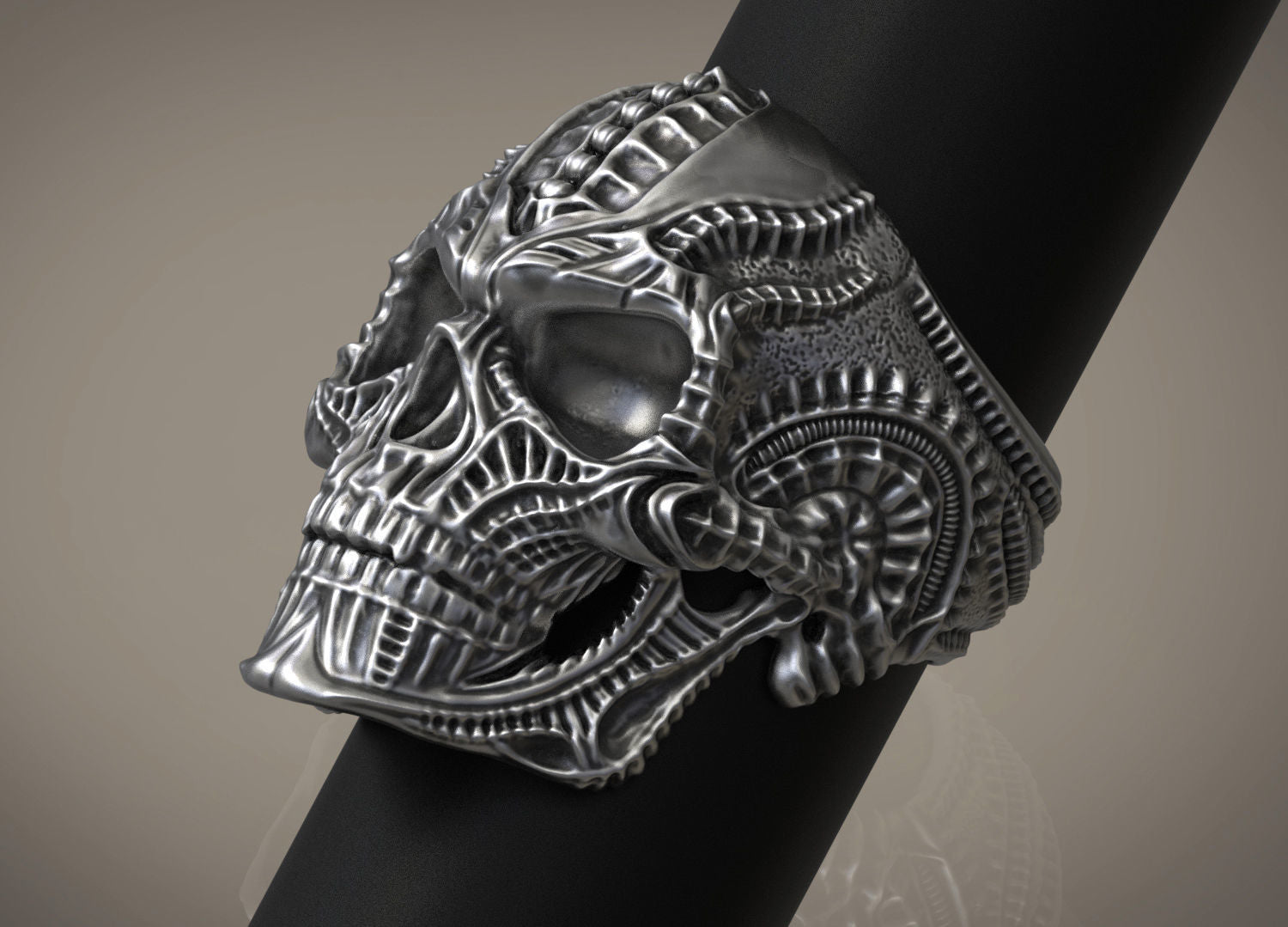 Dazzle Dime 925 Sterling Silver Base 18k Gold Plated Skull Biomechanical Ring Unleash the Dark Side DAZZLE DIME®