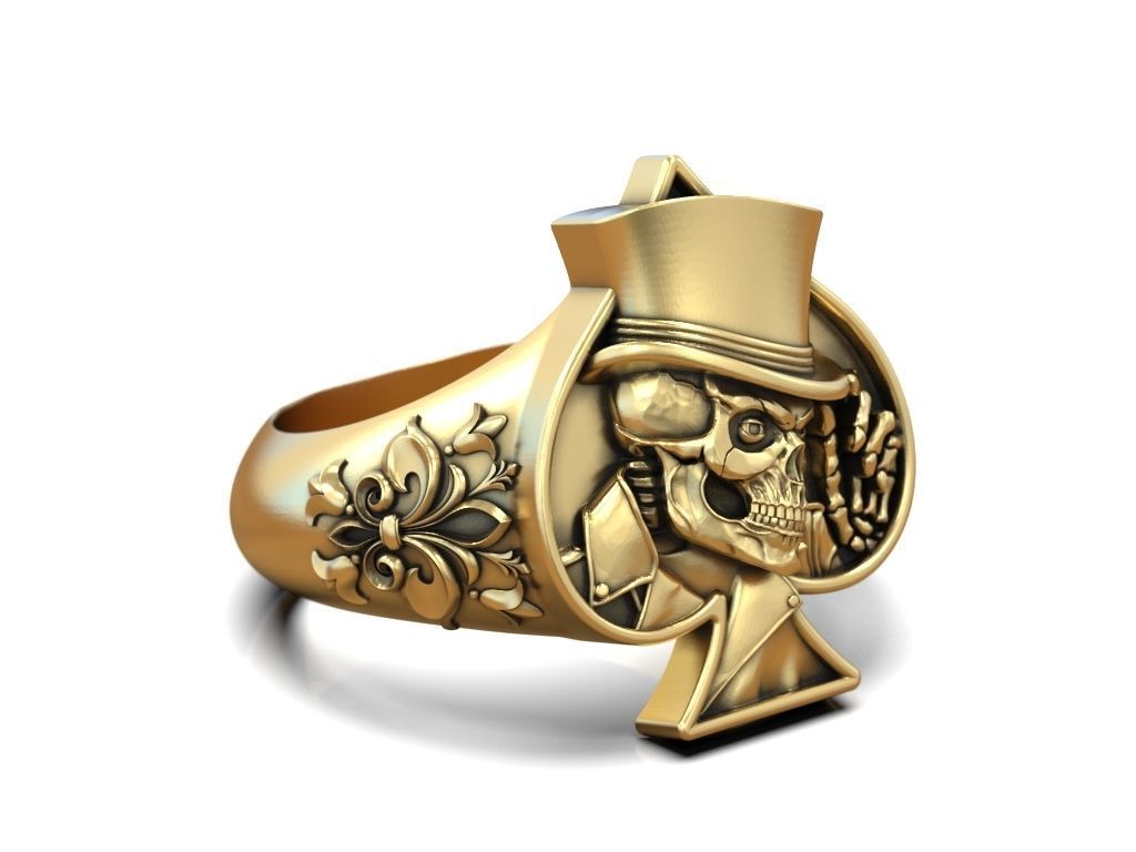 Dazzle Dime 925 Sterling Silver Base 18k Gold Plated Skull Playing Card Spades Hat Ring DAZZLE DIME®