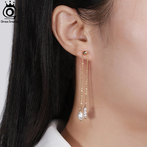 14K Gold-Plated Long Pearl Tassel Earrings for Women | 925 Sterling Silver Drop Jewelry with Cultured Freshwater Pearls