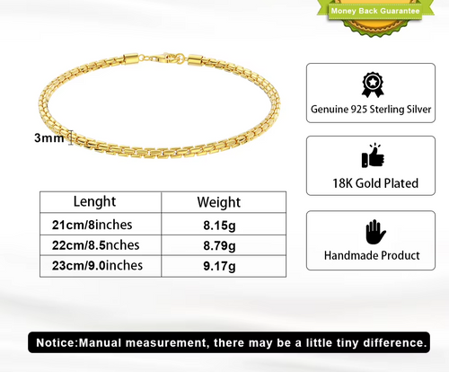 Dazzle Dime® Italian 3mm Round Box Chain Bracelet for Men | S925 Sterling Silver Hand Chain