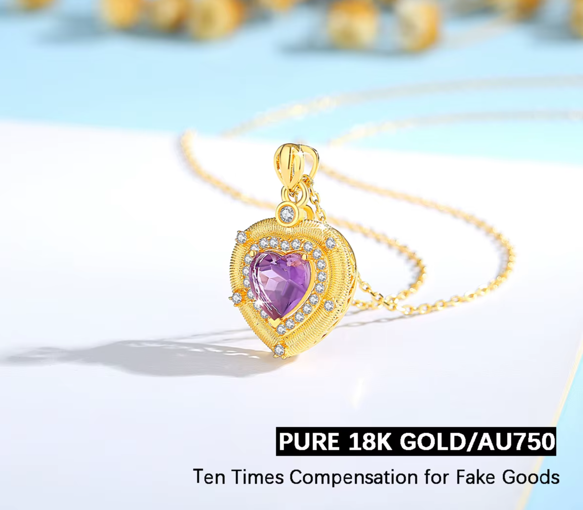 18K Gold Natural Amethyst Heart Necklaces Pendant Original Design for Women Anniversary Party Gift Fine Jewelry