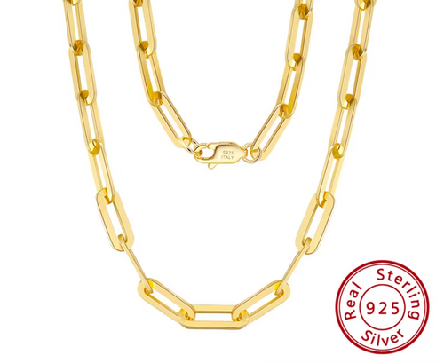 Dazzle Dime® 14K Gold Plated 925 Sterling Silver Paperclip Chain Necklace – 3.6mm/5mm/7mm | Unisex Link Necklace for Women & Men
