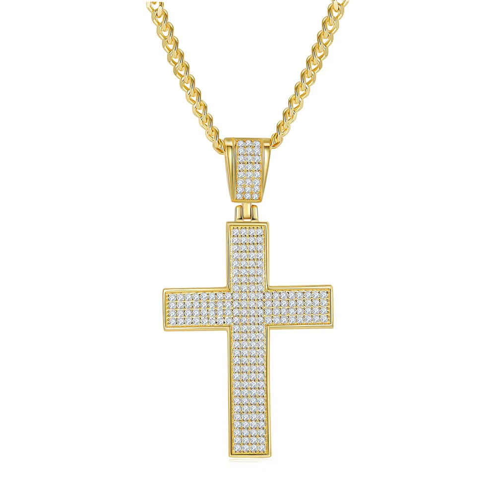 Hip-Hop Style Luxury Full Moissanite Cross Pendant for Men – 18K Gold-Plated 925 Sterling Silver