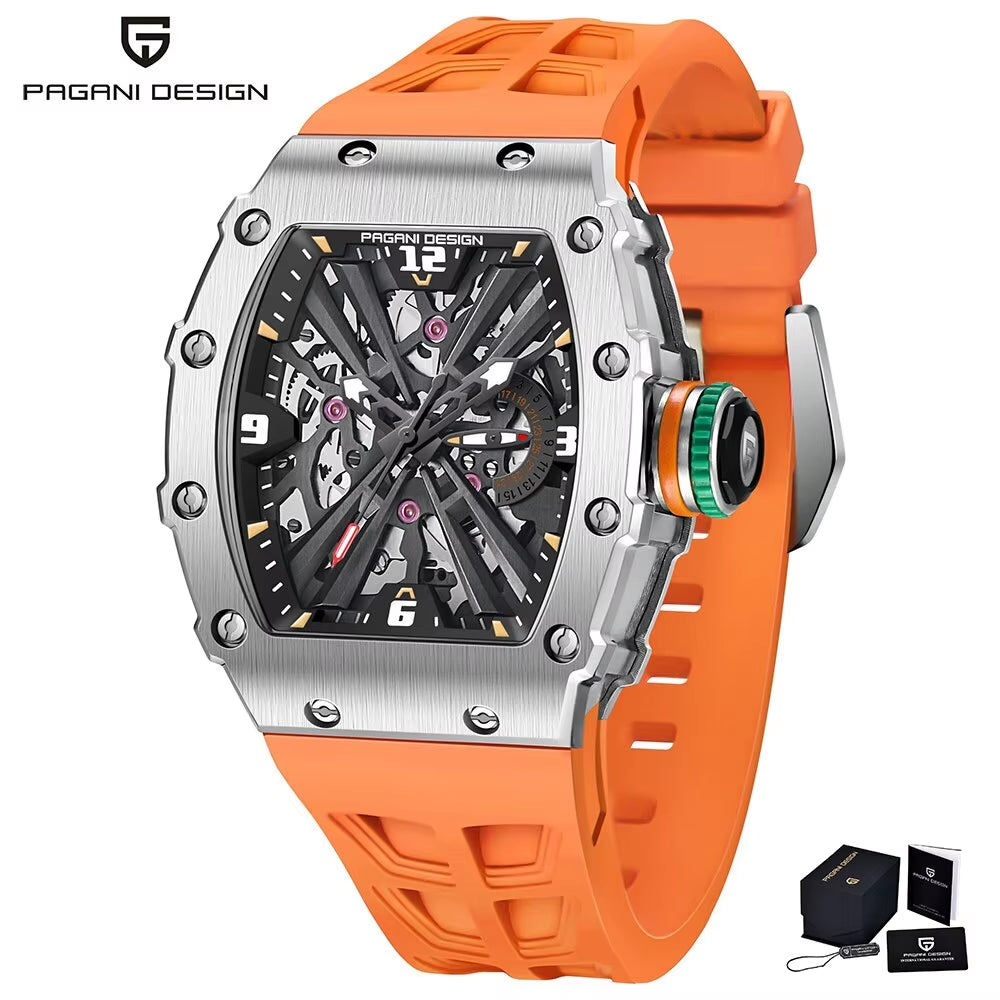 PAGANI DESIGN Men's Quartz Watches VH65 Movt Skeleton Dial 100M Waterproof Sport Rectangle Sapphire Glass