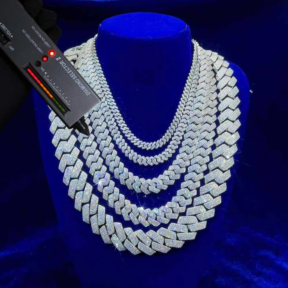 Iced Out VVS Moissanite Cuban Link Chain Necklace - 925 Sterling Silver Multiple Row Options, 6mm-25mm Widths Unisex Hip Hop Jewelry