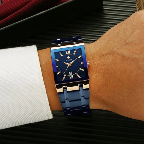 Relogio Masculino New Fashion Watches Men  Luxury Square Blue Men'S Wristwatch Stainless Steel Waterproof Quartz Clock Male