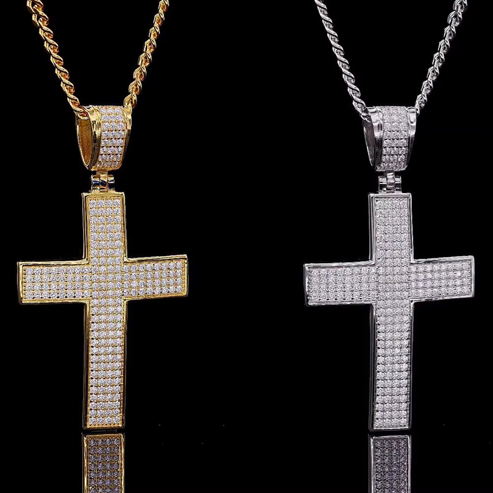 Hip-Hop Style Luxury Full Moissanite Cross Pendant for Men – 18K Gold-Plated 925 Sterling Silver