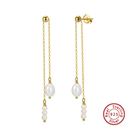 14K Gold-Plated Long Pearl Tassel Earrings for Women | 925 Sterling Silver Drop Jewelry with Cultured Freshwater Pearls