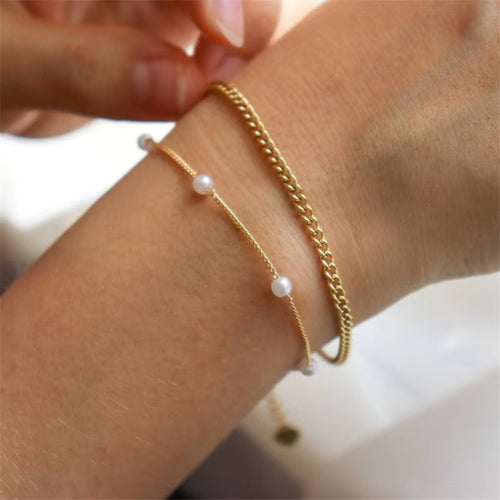 14K Gold Filled Figaro Chain Bracelet with Pearls – Handmade Boho Jewelry for Women