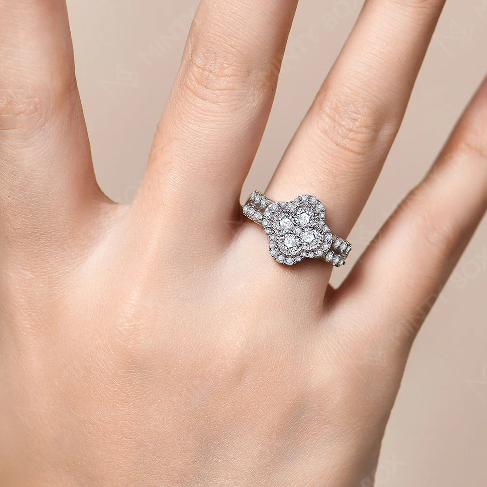 Four-Leaf Moissanite Engagement Ring – 925 Sterling Silver with 18K White Gold Plating | 0.87ct D/VVS1