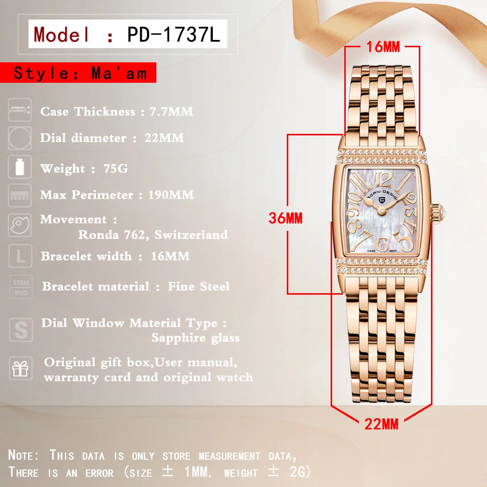 PAGANI Design 22mm Square Women’s Quartz Watch – Sapphire Glass, Stainless Steel, 50M Waterproof