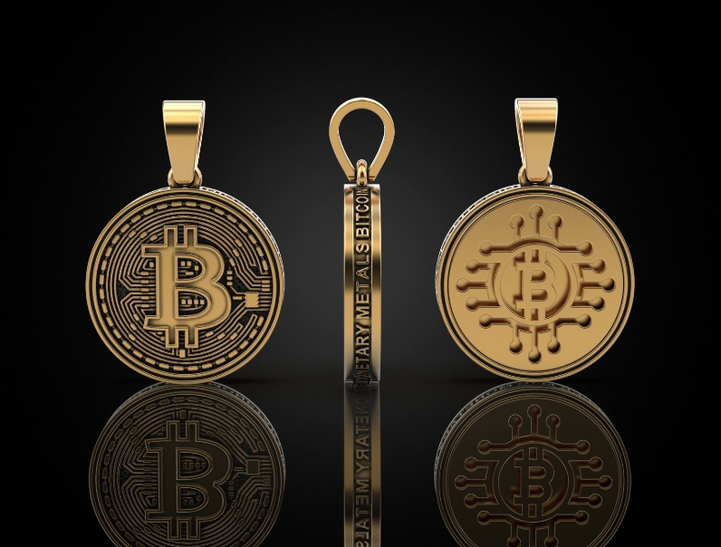 Dazzle Dime 925 Sterling Casted Base 18K White and Yellow Gold plated Bitcoin Pendant with Chain