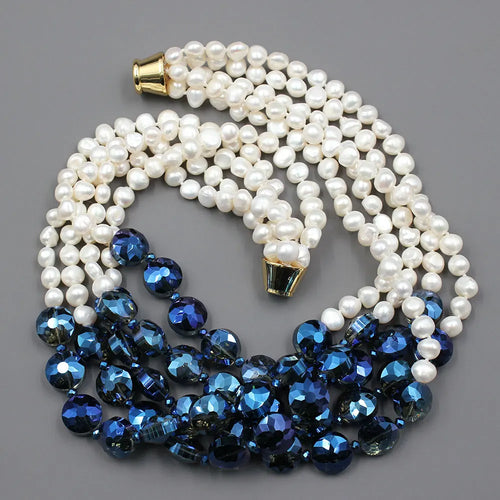 Dazzle Dime® 5-Row White Keshi Potato Pearl & Blue Crystal Necklace – Handmade Statement Piece with Magnet Clasp, 50cm
