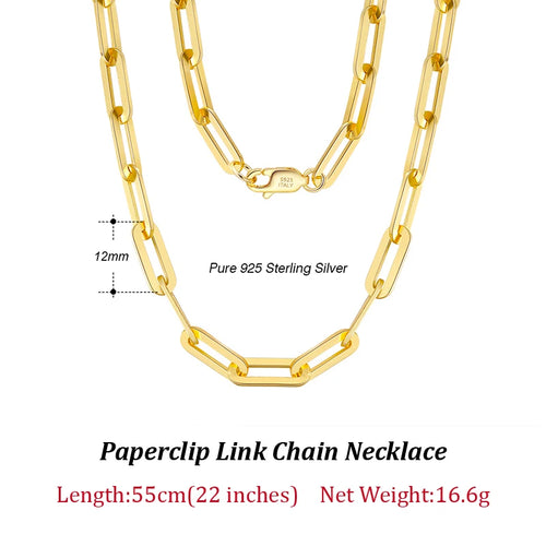 Dazzle Dime® 14K Gold Plated 925 Sterling Silver Paperclip Chain Necklace – 3.6mm/5mm/7mm | Unisex Link Necklace for Women & Men