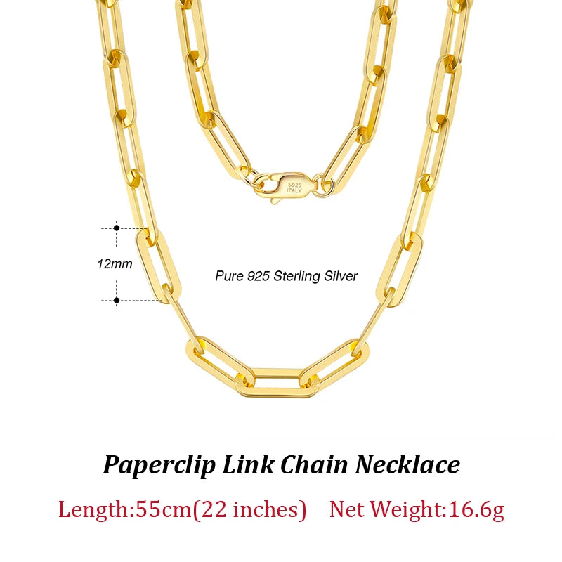 Dazzle Dime® 14K Gold Plated 925 Sterling Silver Paperclip Chain Necklace – 3.6mm/5mm/7mm | Unisex Link Necklace for Women & Men