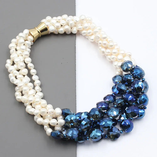 Dazzle Dime® 5-Row White Keshi Potato Pearl & Blue Crystal Necklace – Handmade Statement Piece with Magnet Clasp, 50cm