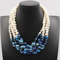Dazzle Dime® 5-Row White Keshi Potato Pearl & Blue Crystal Necklace – Handmade Statement Piece with Magnet Clasp, 50cm