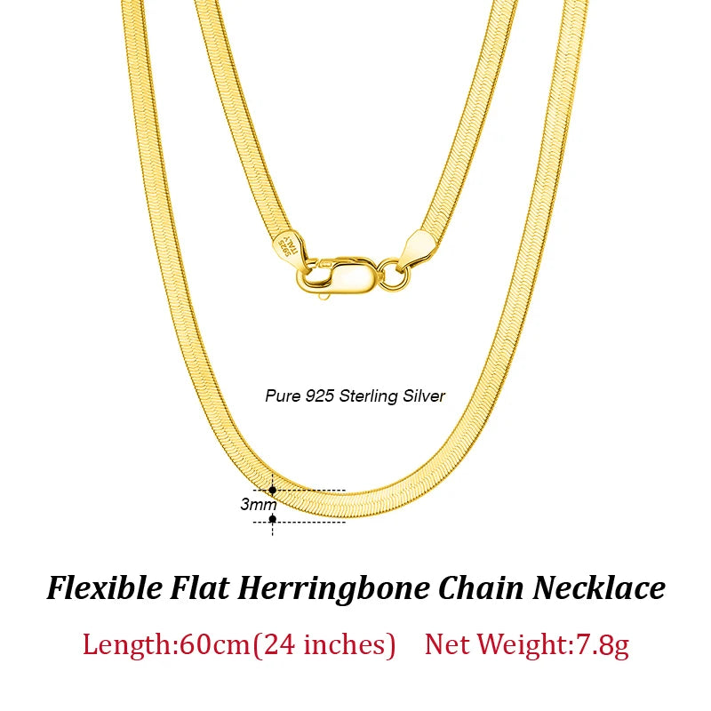 Dazzle Dime® 3mm Herringbone Snake Chain Necklace – 14K Gold Plated 925 Sterling Silver | Flexible Flat Chain for Women SC35