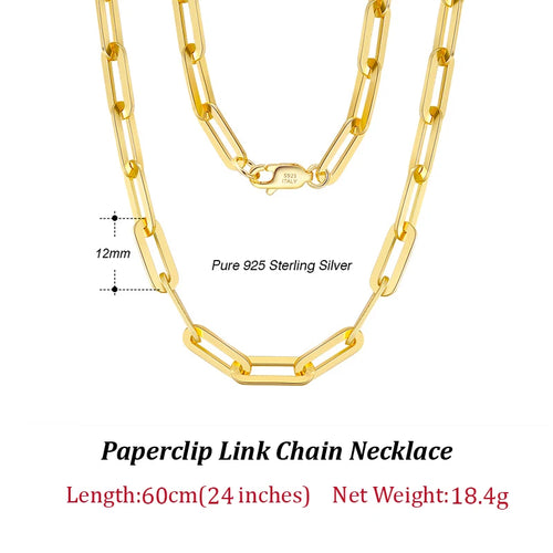 Dazzle Dime® 14K Gold Plated 925 Sterling Silver Paperclip Chain Necklace – 3.6mm/5mm/7mm | Unisex Link Necklace for Women & Men