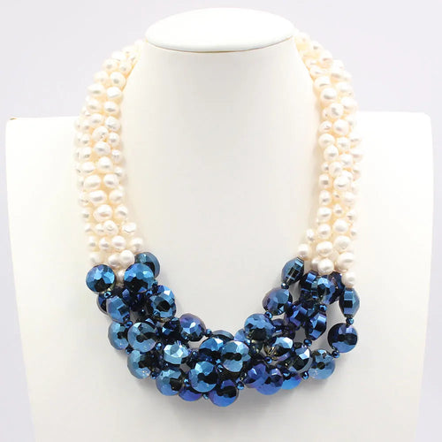 Dazzle Dime® 5-Row White Keshi Potato Pearl & Blue Crystal Necklace – Handmade Statement Piece with Magnet Clasp, 50cm