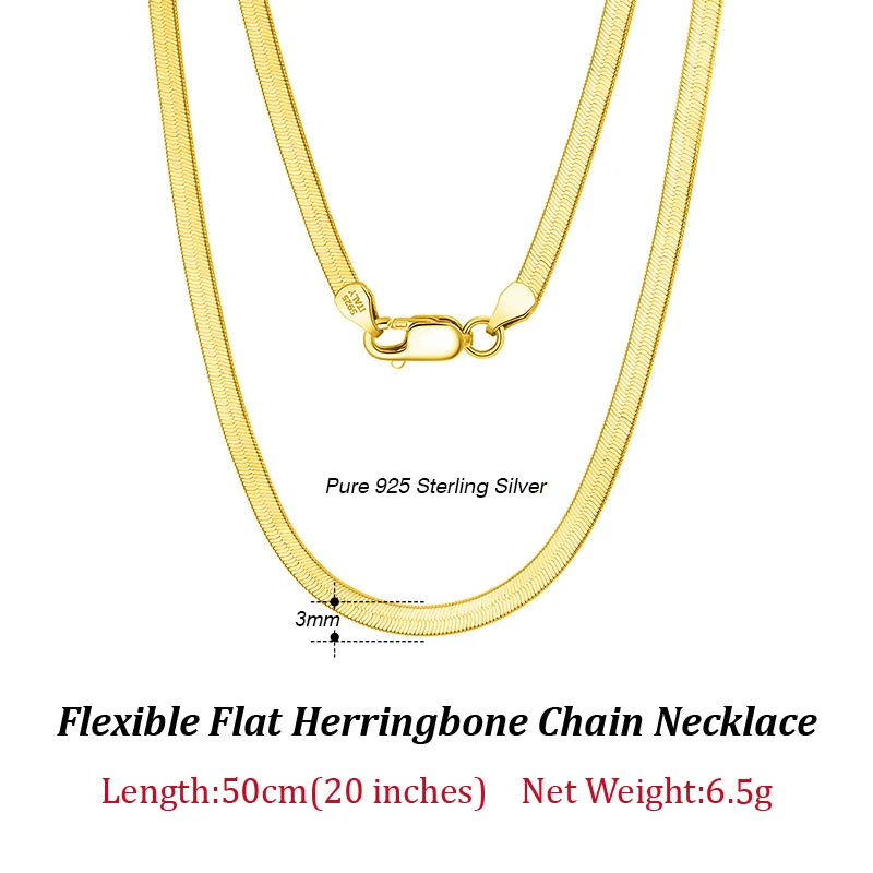 Dazzle Dime® 3mm Herringbone Snake Chain Necklace – 14K Gold Plated 925 Sterling Silver | Flexible Flat Chain for Women SC35