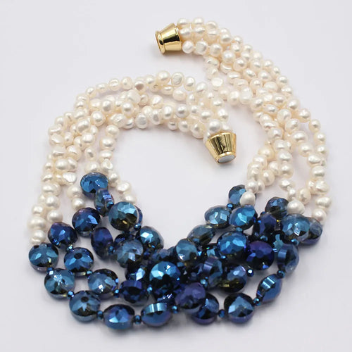 Dazzle Dime® 5-Row White Keshi Potato Pearl & Blue Crystal Necklace – Handmade Statement Piece with Magnet Clasp, 50cm