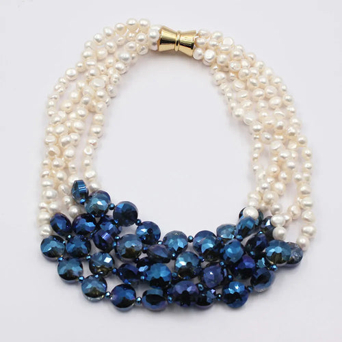 Dazzle Dime® 5-Row White Keshi Potato Pearl & Blue Crystal Necklace – Handmade Statement Piece with Magnet Clasp, 50cm