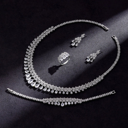 Brides Accessories Tassel Water Drop Necklace Earring - Luxury White Cubic Zirconia Bridal Jewelry Set  4Pcs Set for Wedding Party