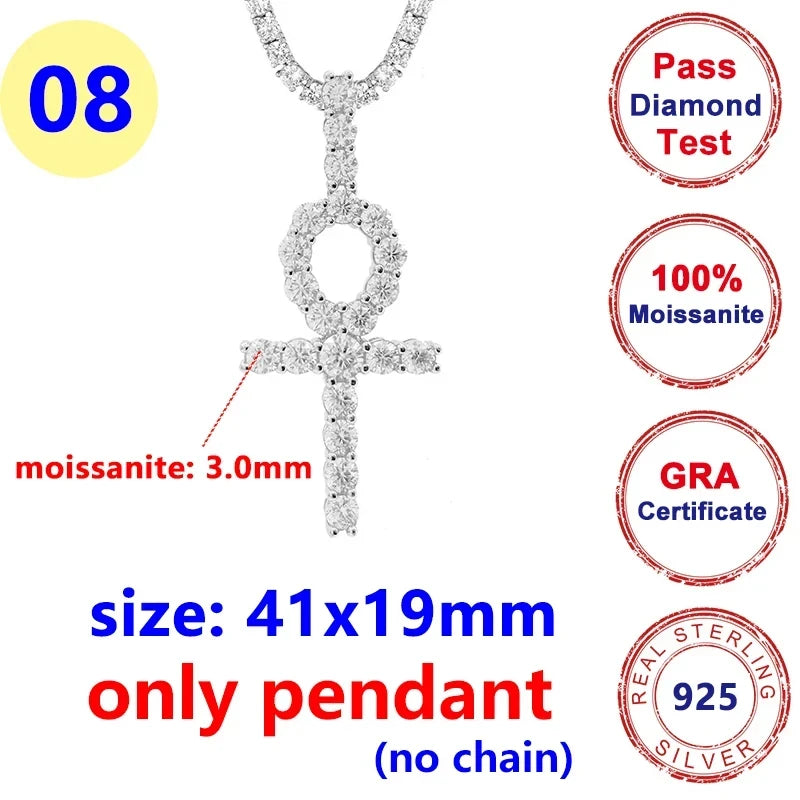 8MM Full Moissanite Cross Pendant – S925 Sterling Silver White Gold for Men & Women