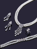 Pearl Tassel & Full Zircon Bridal Jewelry Set – Trendy Dubai-Inspired Necklace, Earrings, Bracelet & Ring for Women | Wedding & Party Gift