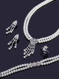 Pearl Tassel & Full Zircon Bridal Jewelry Set – Trendy Dubai-Inspired Necklace, Earrings, Bracelet & Ring for Women | Wedding & Party Gift